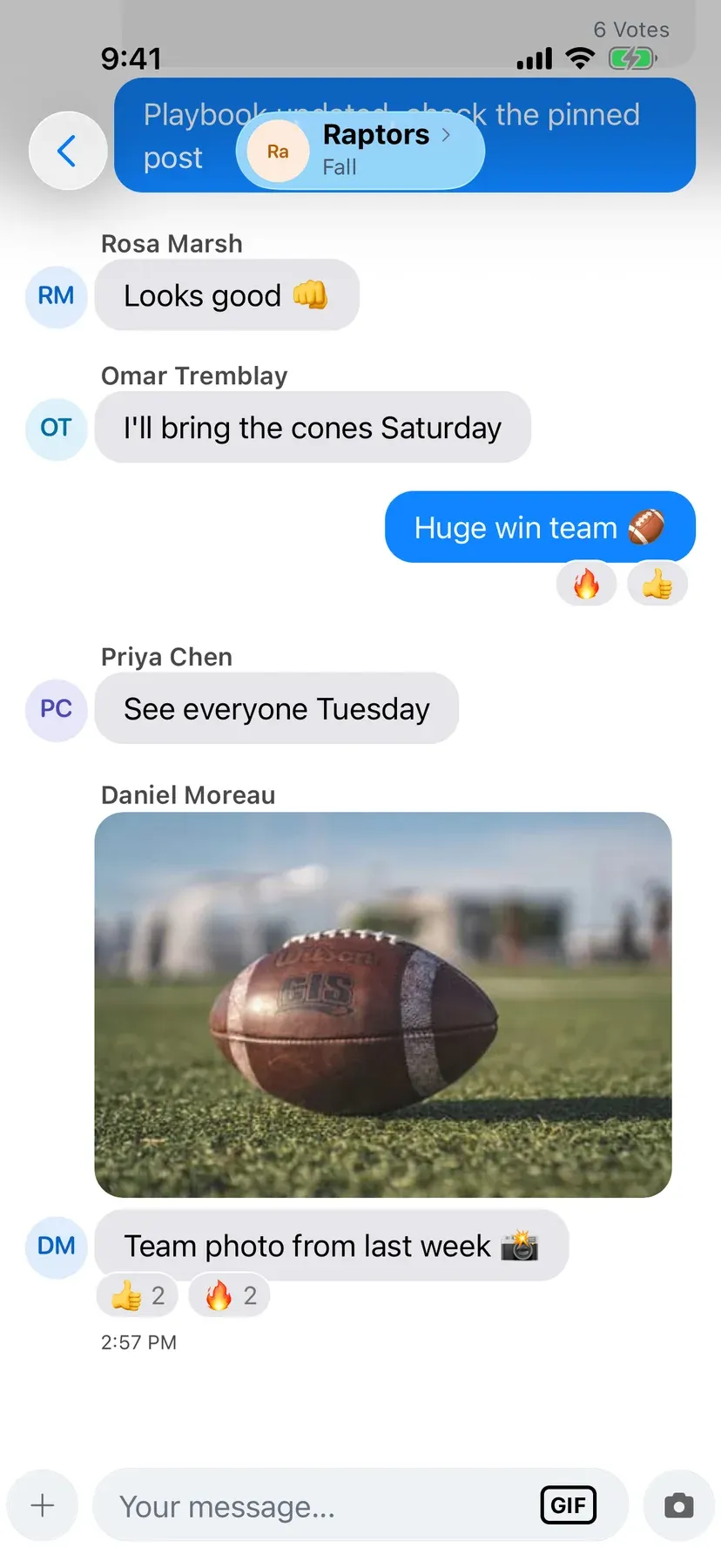 BenchApp team chat with shared photos and GIFs