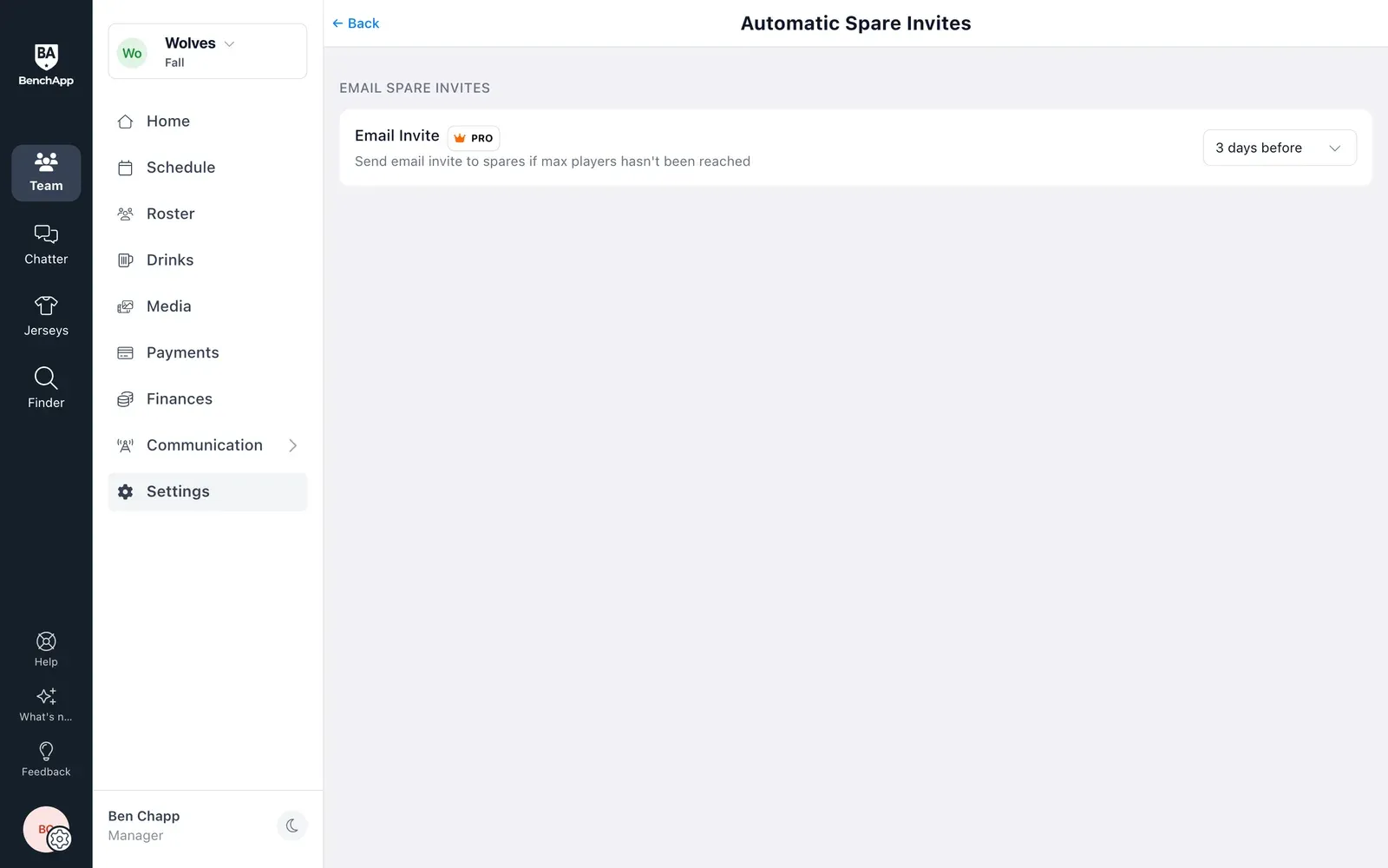 BenchApp on a computer: Automatic Spare Invites