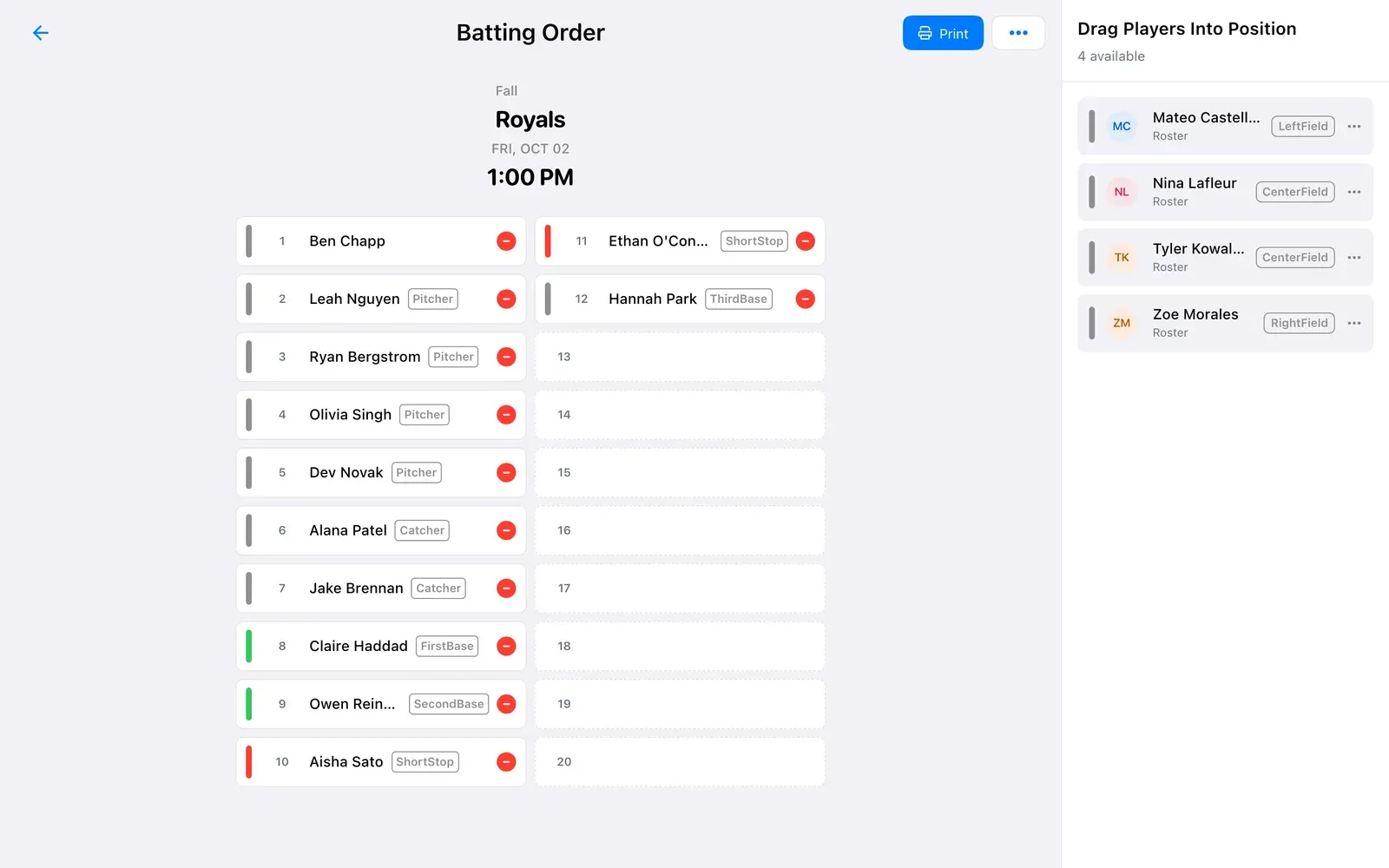 BenchApp on a computer: a baseball batting order with players in each spot