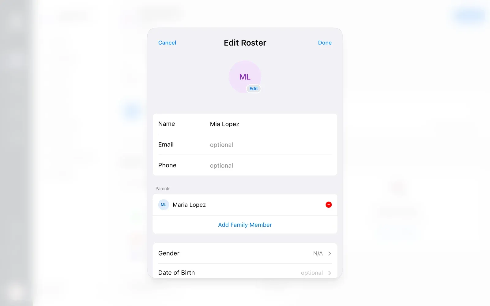 BenchApp on a computer: a child's profile with no email and their parent listed