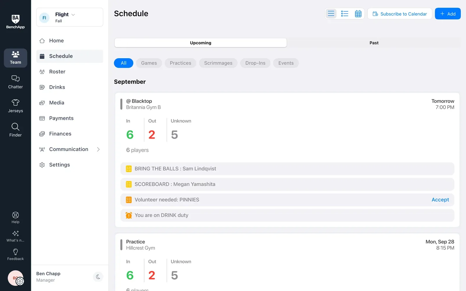 BenchApp on a computer: the team schedule with RSVP counts