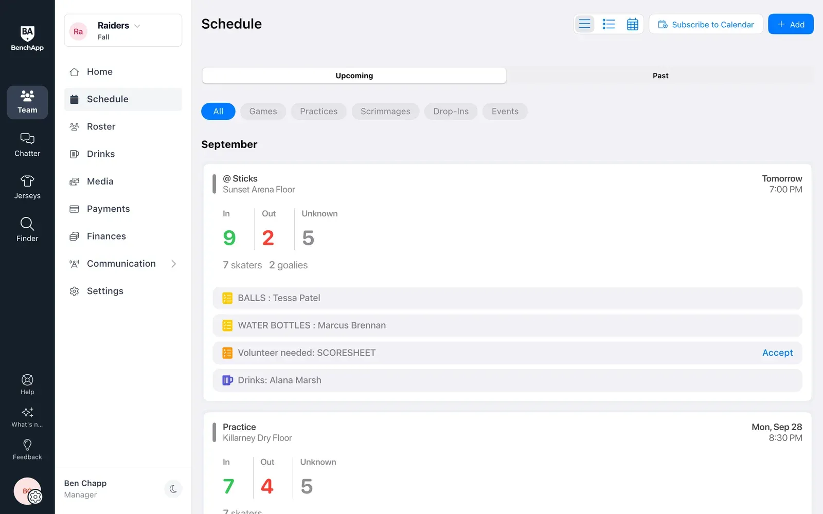 BenchApp on a computer: the team schedule with RSVP counts