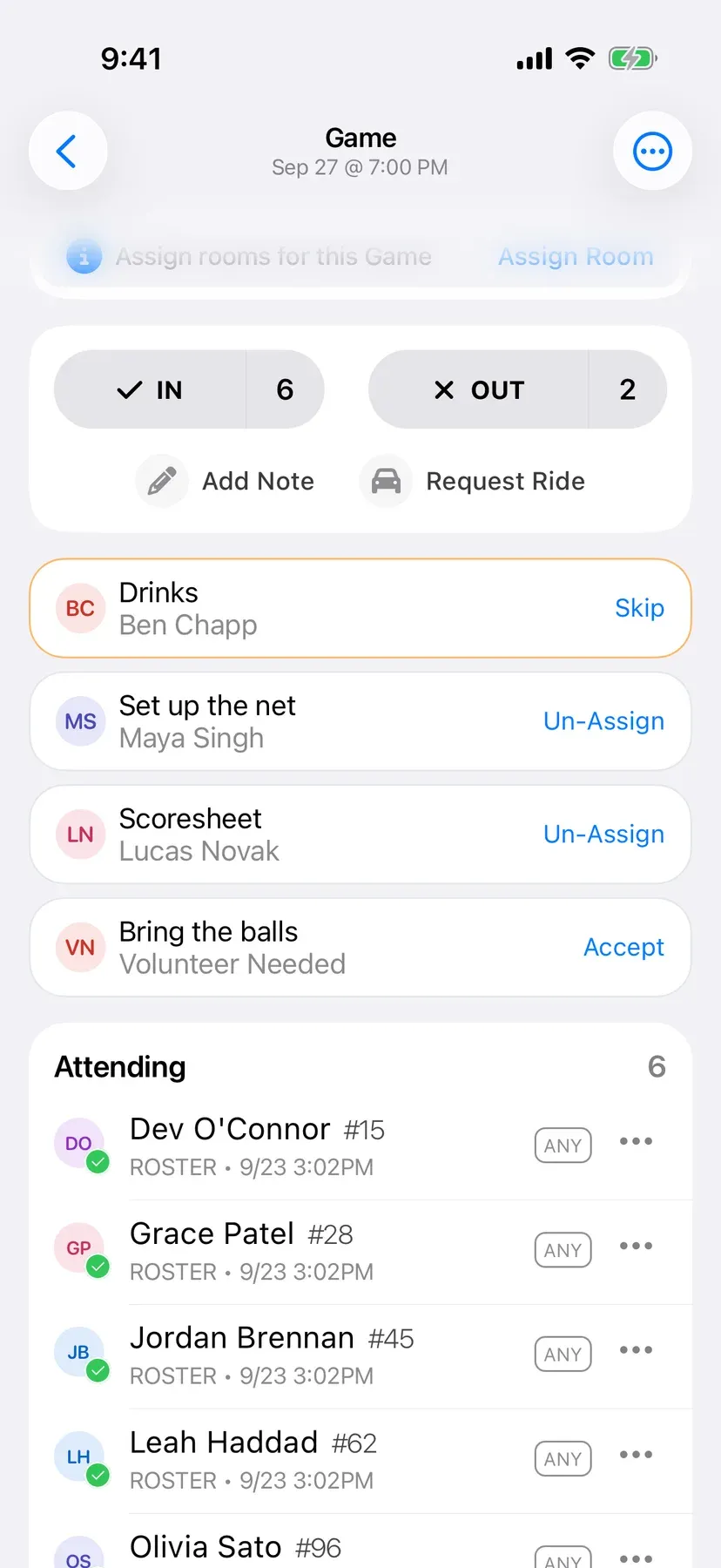 BenchApp duties screen with team jobs assigned to players