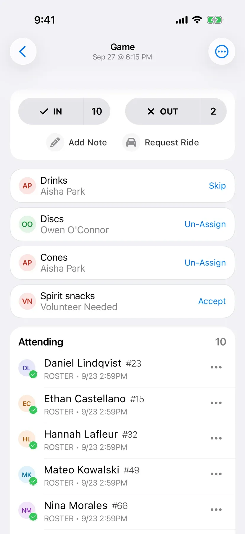 BenchApp duties screen with team jobs assigned to players
