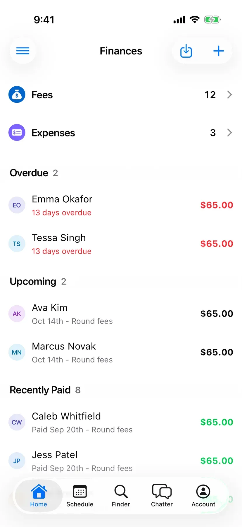 BenchApp finances screen showing fees collected and players who still owe