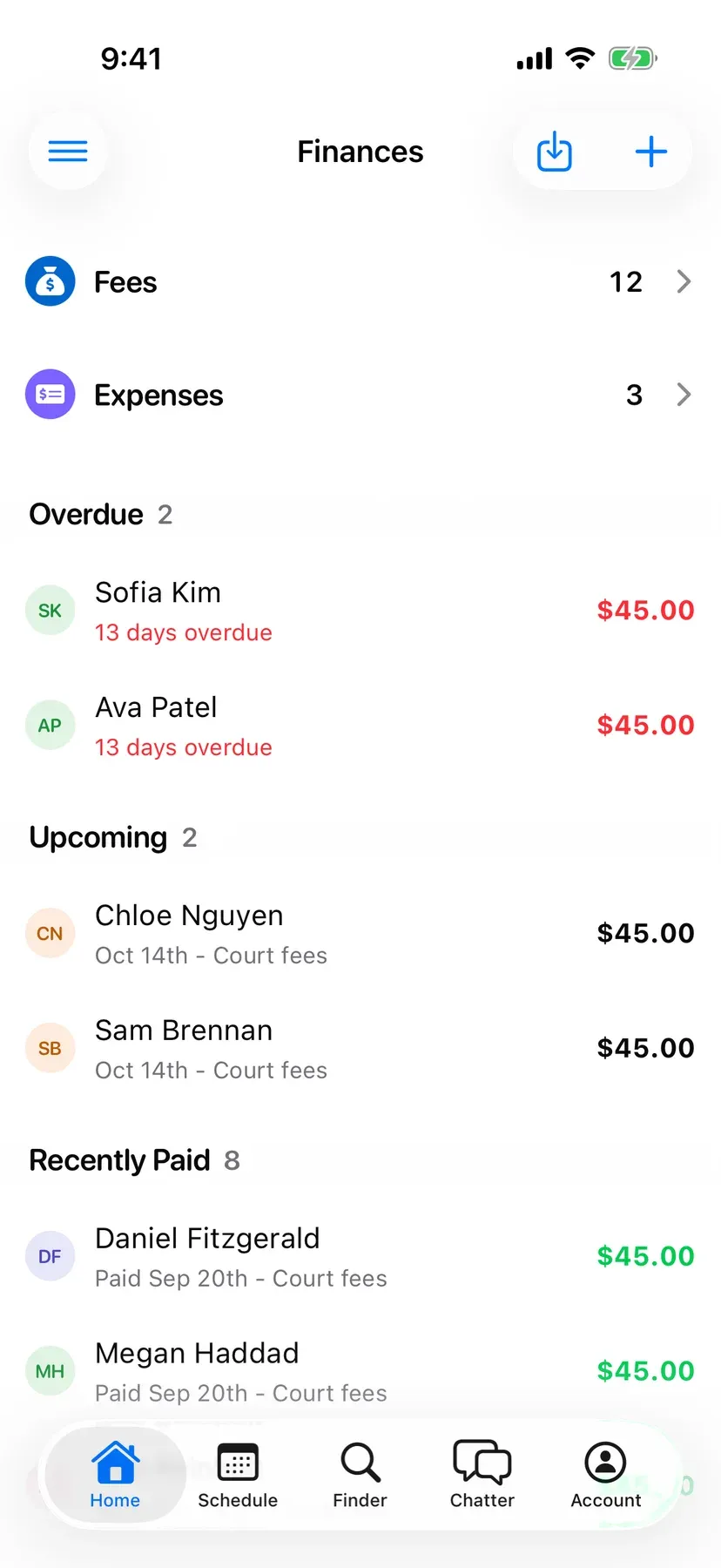 BenchApp finances screen showing fees collected and players who still owe