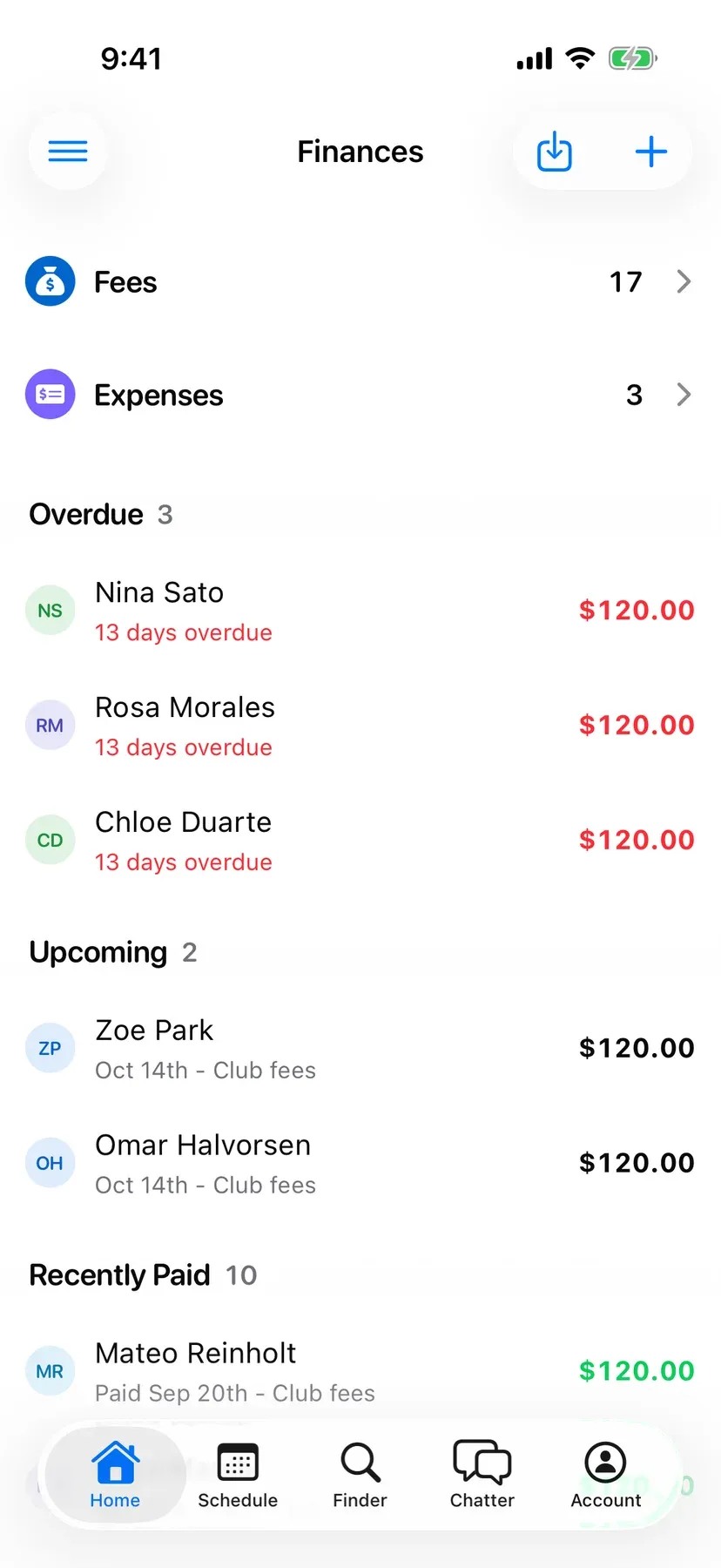 BenchApp finances screen showing fees collected and players who still owe