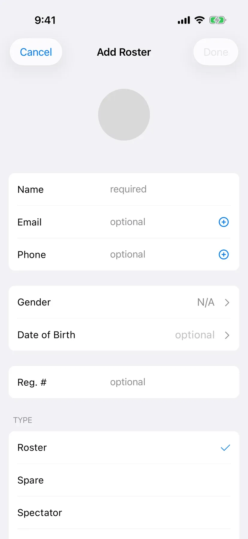 BenchApp on a phone: adding a person as roster, spare or spectator