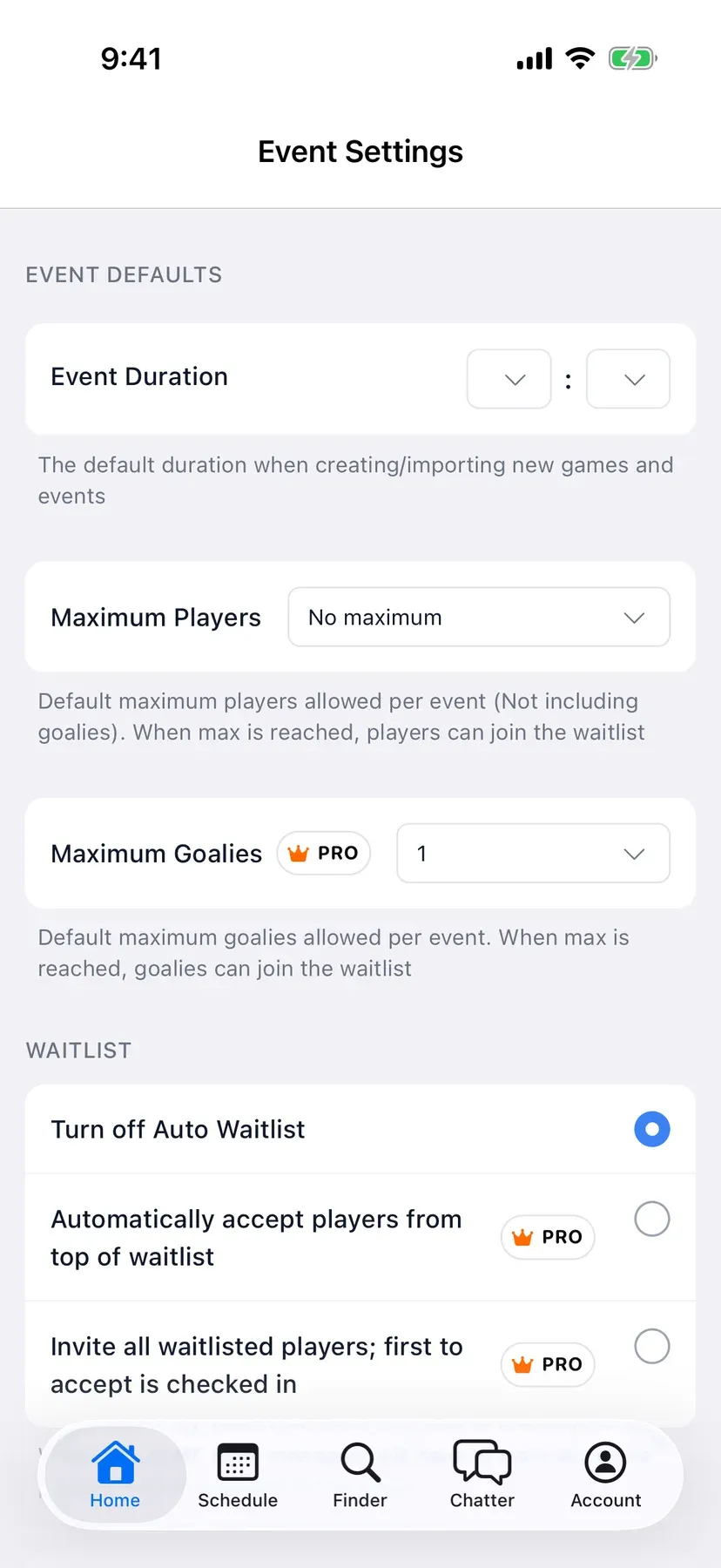 BenchApp on a phone: Event Settings with maximum players and waitlist options