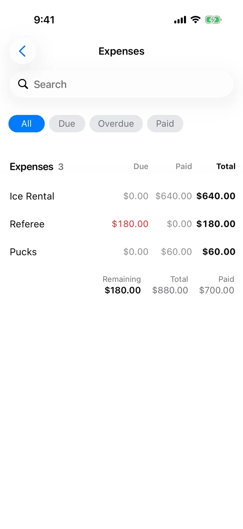 BenchApp on a phone: the team's expenses with what's due, paid and the total