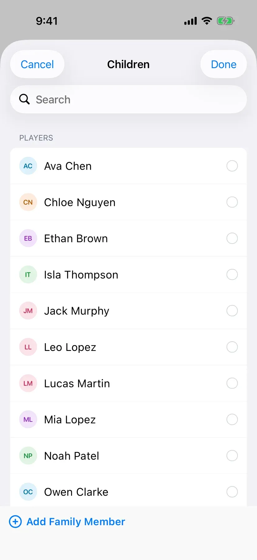 BenchApp on a phone: choosing a parent's children from the roster
