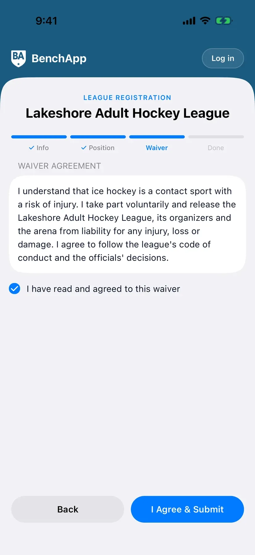 BenchApp on a phone: a player agreeing to the league waiver