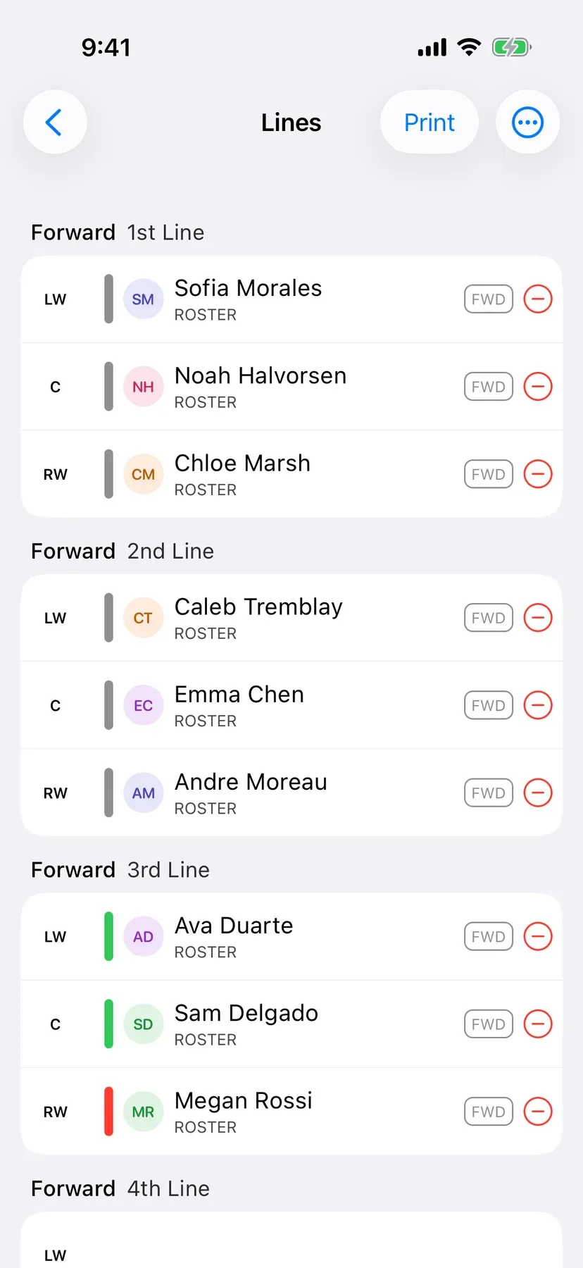 BenchApp on a phone: hockey lines with a player in each spot