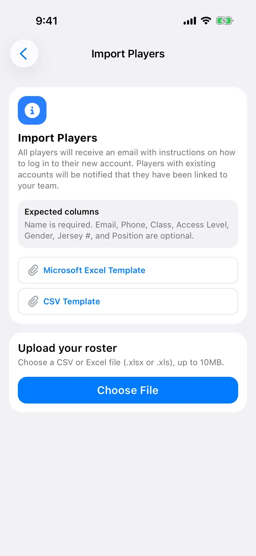 BenchApp on a phone: Import Players with Excel and CSV templates