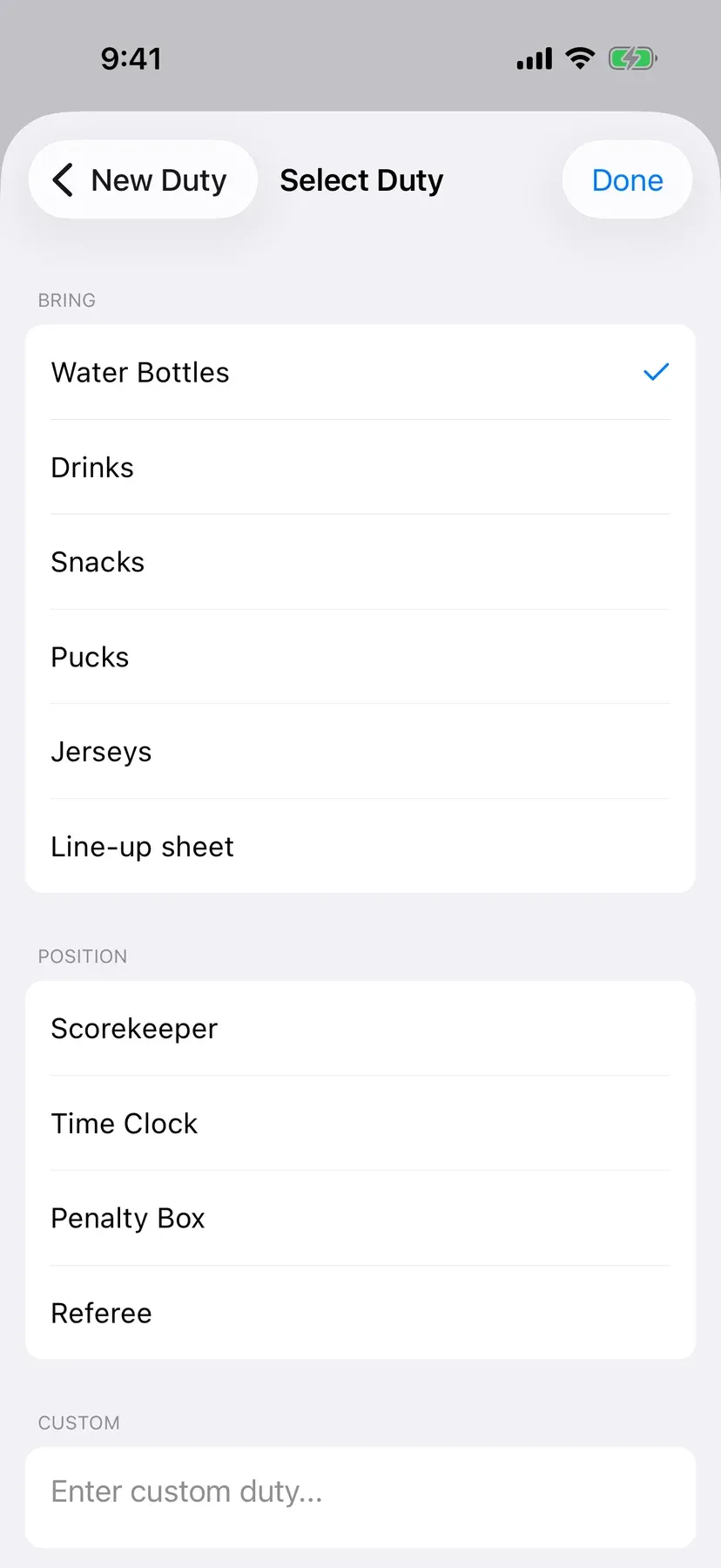 BenchApp on a phone: a list of duties to bring and positions to fill