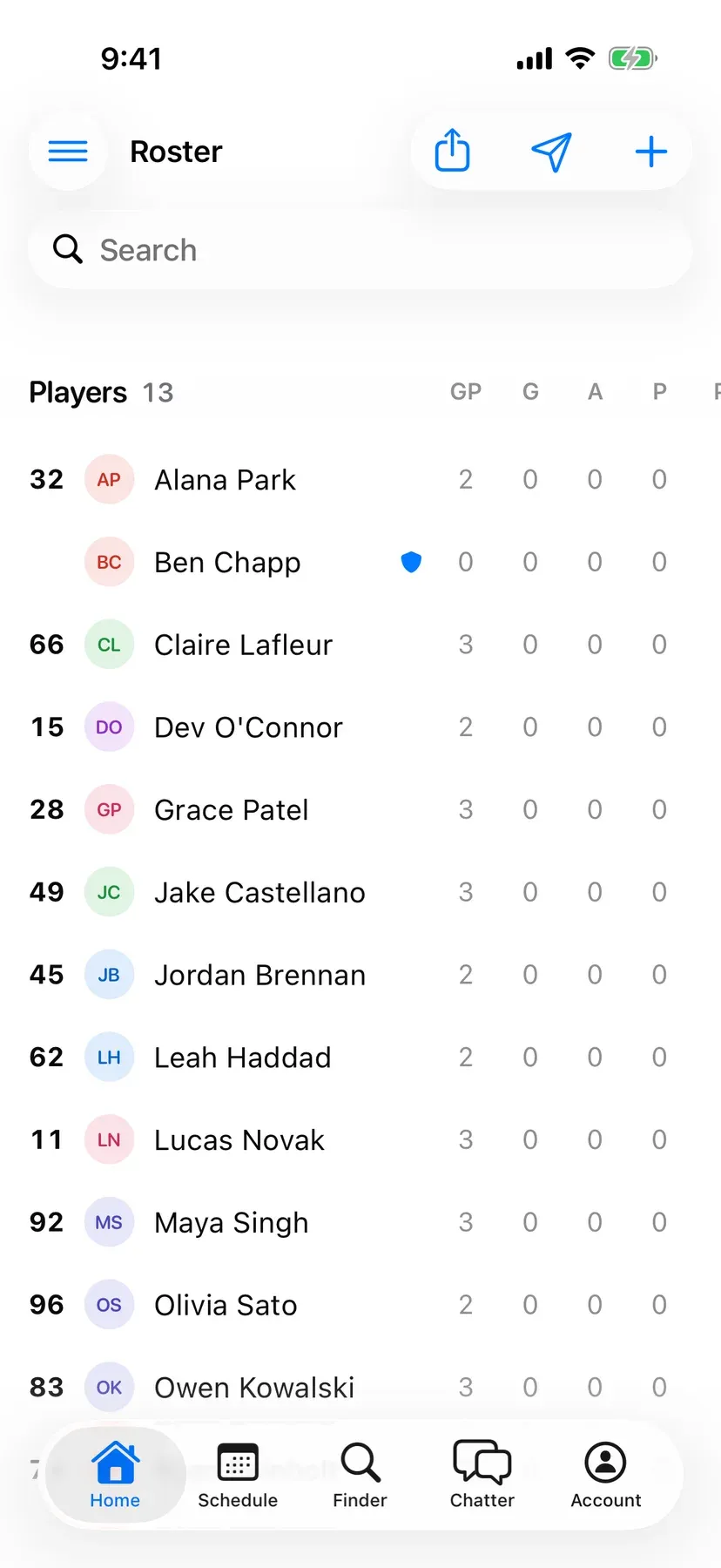 BenchApp roster screen listing the team's players