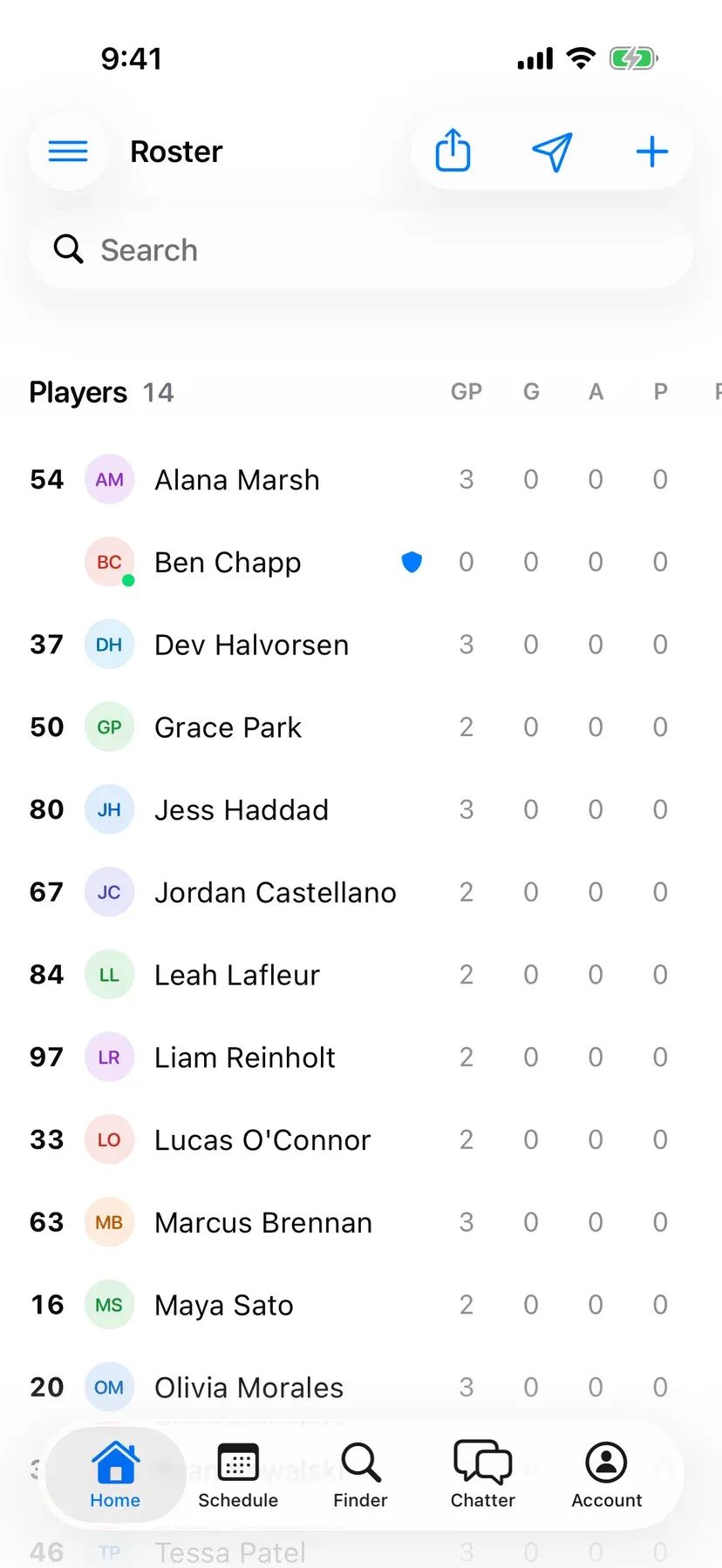 BenchApp roster screen listing the team's players