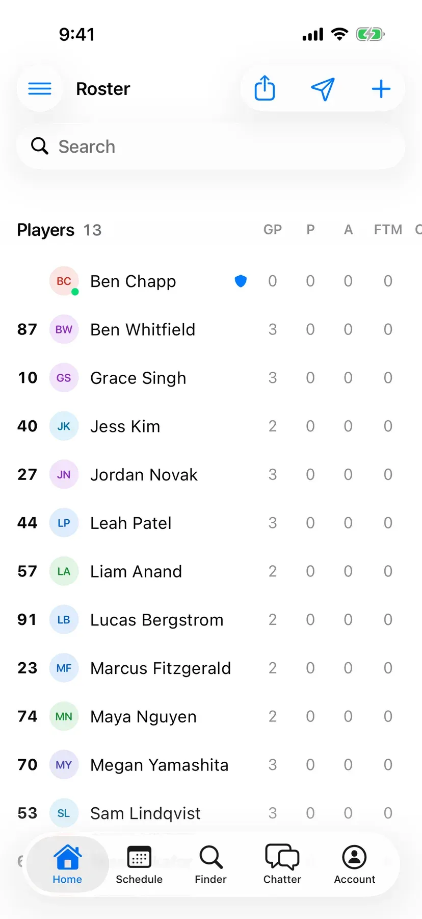 BenchApp roster screen listing the team's players