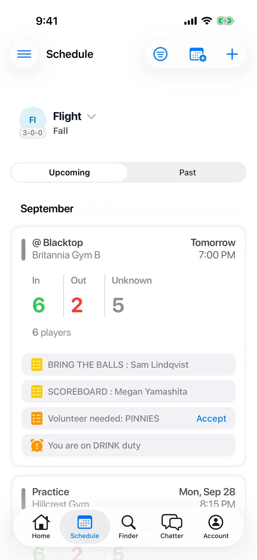 BenchApp schedule screen with upcoming games and RSVP counts